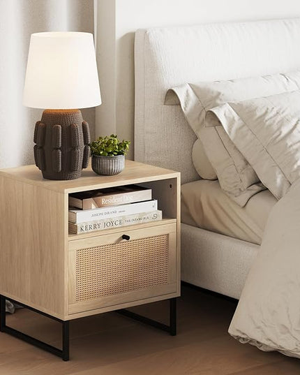 Nathan James Jacklyn Modern Home Office Writing Desk and Mina Rattan Wood End Side Accent Table Nightstand, Natural Brown and Oak/Black - LeafyLoom