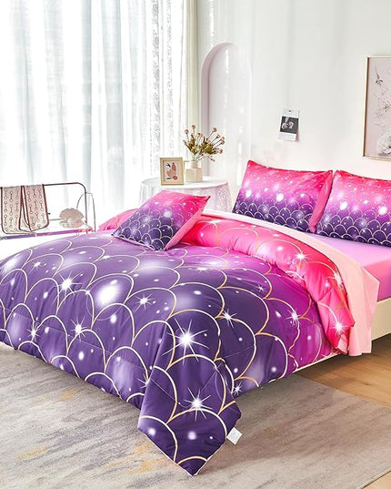 URBONUR Purple Glitter Comforter Set Full Size for Girls 6 Piece Bed in A Bag Comforter with Sheets Set, Gradient Pink Purple Sparkle Mermaid Fish Scales Bedding Comforter Set - LeafyLoom