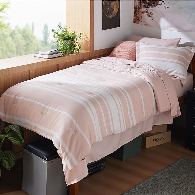 Bedsure Twin XL Comforter Set for College Girls, Pink Striped Bedding Comforter Sets All Season Bed Set with 1 Pillow Sham, Flat Sheet, Fitted Sheet and 1 Pillowcase - LeafyLoom