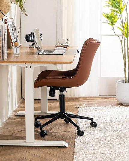 YOUTASTE Coffee Brown Office Chair Modern Armless Desk Chair with Wheels Adjustable Swivel Rocking Rolling Computer Study Chairs Faux Leather Sewing Chairs with Back Stylish Vanity Chair - LeafyLoom