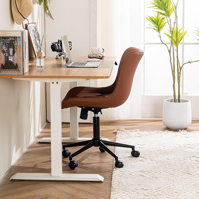 YOUTASTE Coffee Brown Office Chair Modern Armless Desk Chair with Wheels Adjustable Swivel Rocking Rolling Computer Study Chairs Faux Leather Sewing Chairs with Back Stylish Vanity Chair - LeafyLoom