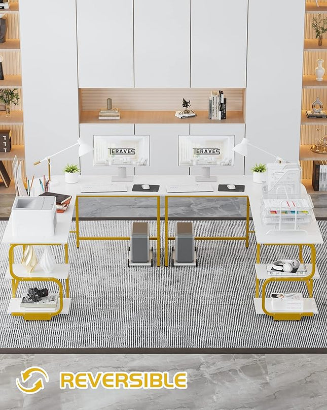 Teraves Reversible L Shaped Desk with Shelves Round Corner Computer Desk Gaming Table Workstation for Home Office (Large, White + Gold Frame) - LeafyLoom
