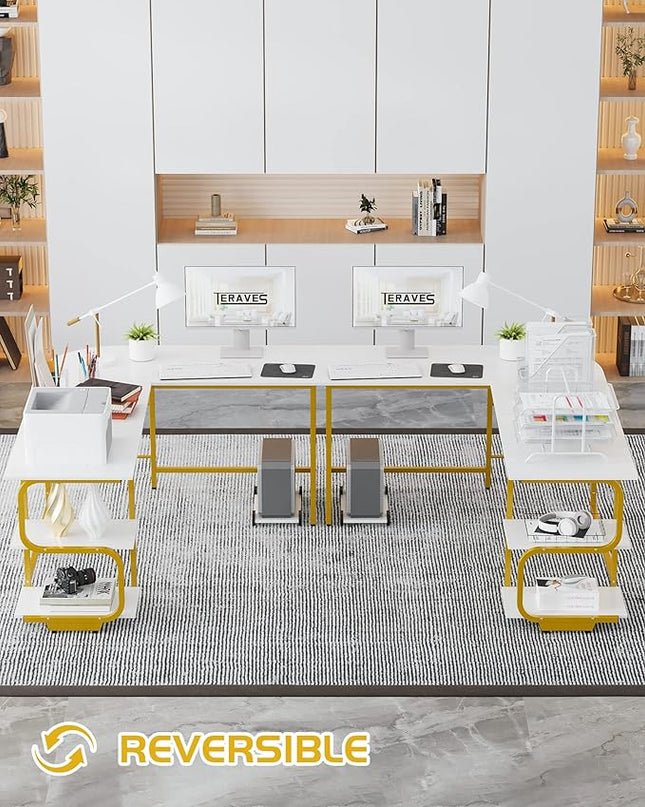 Teraves Reversible L Shaped Desk with Shelves 61“ Computer Desk Gaming Desk for Home Office Corner Office Desk for Small Space - LeafyLoom
