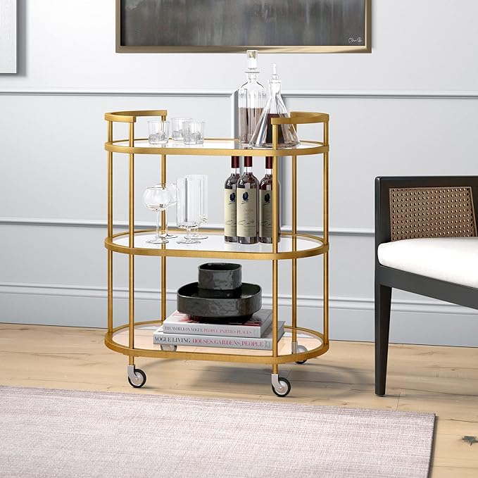 Henn&Hart 30" Wide Oval Bar Cart in Brass, Bar Carts for the Home - LeafyLoom