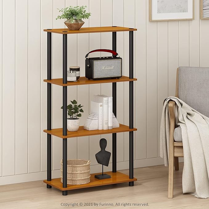 Furinno (99557LC/BK) Turn-N-Tube 4-Tier Multipurpose Shelf Display Rack - Light Cherry/Black - LeafyLoom