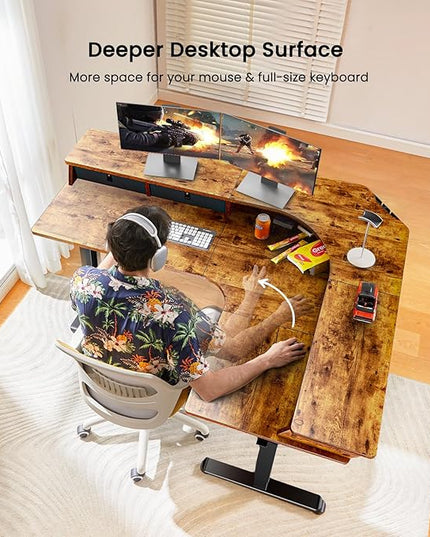 ErGear 65″ L Shaped Standing Desk for Gaming, [3 Drawers & 2 Cable Management Trays] Corner Stand up Desk w/Monitor Shelf Height Adjustable for Home Office, Vintage Brown - LeafyLoom