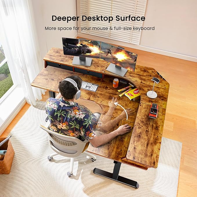 ErGear 65″ L Shaped Standing Desk for Gaming, [3 Drawers & 2 Cable Management Trays] Corner Stand up Desk w/Monitor Shelf Height Adjustable for Home Office, Vintage Brown - LeafyLoom