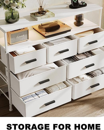 Dresser TV Stand with 7 Drawers, Dresser TV Stand with LED Lights & Power Outlets, Bedroom Dresser, Chest of Drawers up to 45'' Long TV, Wide Fabric Dresser with Open Shelf (White) - LeafyLoom