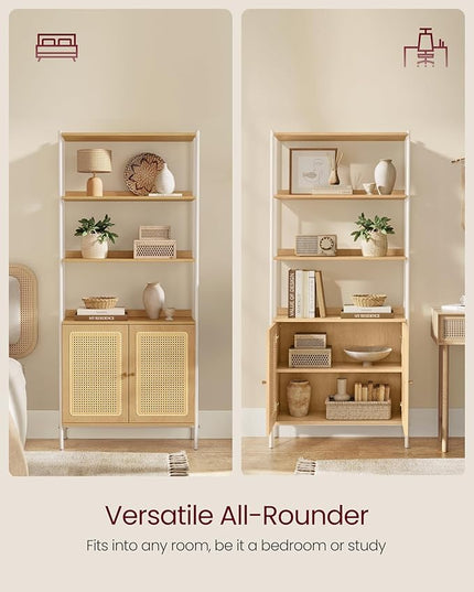 VASAGLE 6-Tier Bookcase, Bookshelf with Rattan-Like Door, Boho Style, Freestanding 30.1-Inch Wide Storage Shelf, Metal Frame, Adjustable Shelf, for Living Room, Oak Beige and Pearl White ULLS124W57 - LeafyLoom