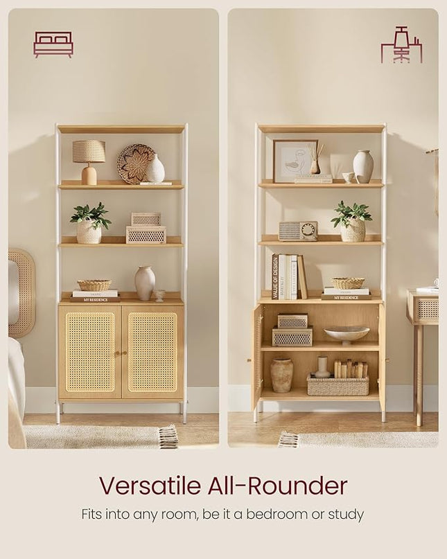 VASAGLE 6-Tier Bookcase, Bookshelf with Rattan-Like Door, Boho Style, Freestanding 30.1-Inch Wide Storage Shelf, Metal Frame, Adjustable Shelf, for Living Room, Oak Beige and Pearl White ULLS124W57 - LeafyLoom
