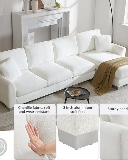 119" Sectional Sofa, L-Shaped Couch Set with 2 Free Pillows and Chaise, 5-seat Chenille Indoor Furniture for Living Room, Apartment, Office, 119inch, White - LeafyLoom