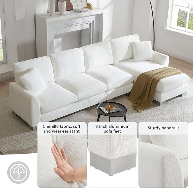 119" Sectional Sofa, L-Shaped Couch Set with 2 Free Pillows and Chaise, 5-seat Chenille Indoor Furniture for Living Room, Apartment, Office, 119inch, White - LeafyLoom
