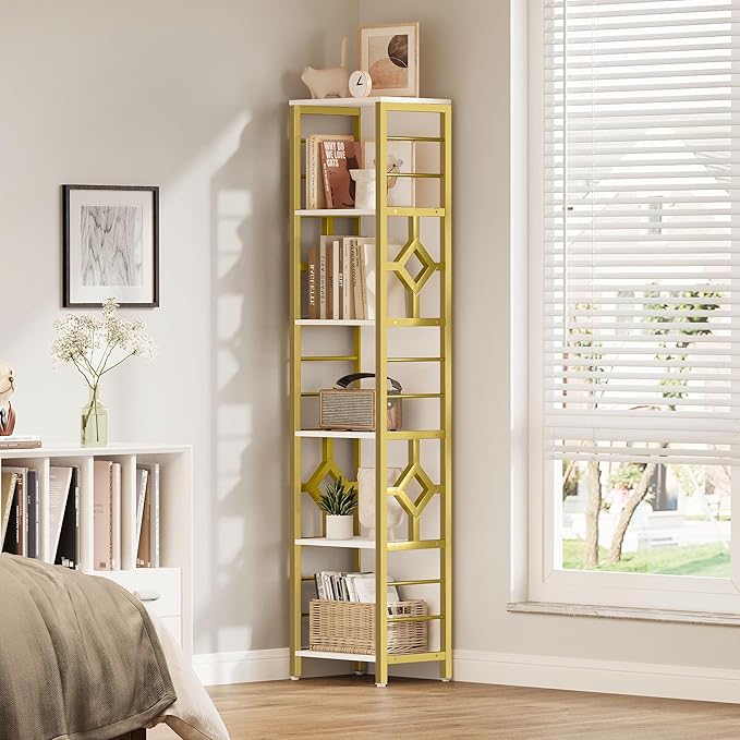 YITAHOME Narrow Bookshelf, 5-Tier White and Gold Book Shelf Storage Rack, Display Shelves Stand Etagere for Small Spaces, Open Bookcase for Bedroom Living Room Bathroom Kitchen, Gold - LeafyLoom