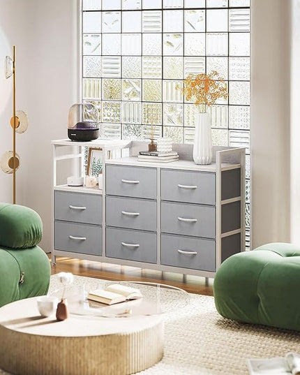 ODK Dresser with Charging Station, 52-Inch Long Dresser TV Stand for Bedroom, Large Dresser with 8 Storage Drawers, Chest of Drawers Easy-Pull Fabric Dressers for Living Room, White and Light Grey - LeafyLoom