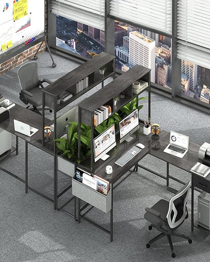 Yoobure L Shaped Desk Gaming Desk with LED Strip & Power Outlet, Reversible L-Shaped Computer Desk with Storage Shelf & Drawer, Corner Desk with Storage Bag, 2 Person Home Office Desk, Gray - LeafyLoom