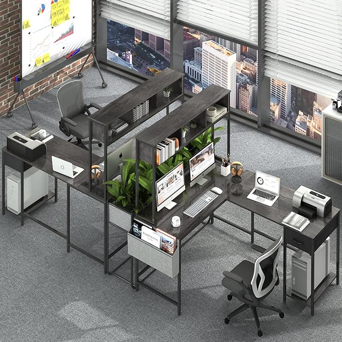 Yoobure L Shaped Desk Gaming Desk with LED Strip & Power Outlet, Reversible L-Shaped Computer Desk with Storage Shelf & Drawer, Corner Desk with Storage Bag, 2 Person Home Office Desk, Gray - LeafyLoom