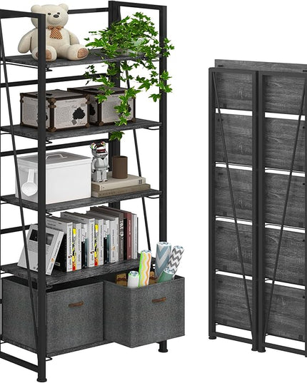 4NM No-Assembly Folding Bookshelf Storage Shelves 5 Tiers Vintage Bookcase Standing Racks Study Organizer Home Office (Gray) - LeafyLoom