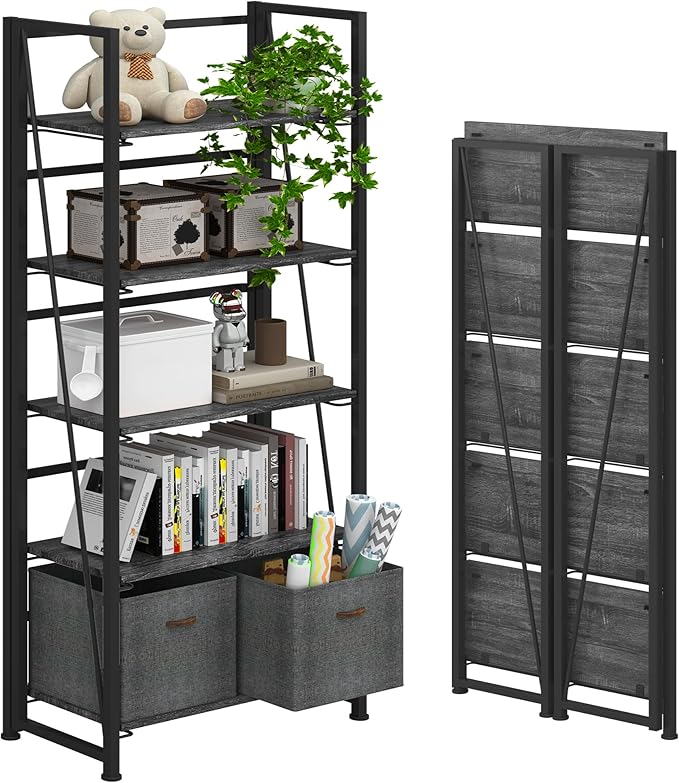 4NM No-Assembly Folding Bookshelf Storage Shelves 5 Tiers Vintage Bookcase Standing Racks Study Organizer Home Office (Gray) - LeafyLoom
