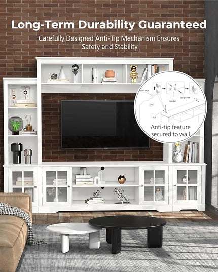 Large Wall Unit Entertainment Center with Storage, Modern TV Entertainment Center with Bookshelves and Bridge Cabinet, Living Room Tall Bookshelf with Storage, 65.7" Wide for TV Placement, White - LeafyLoom