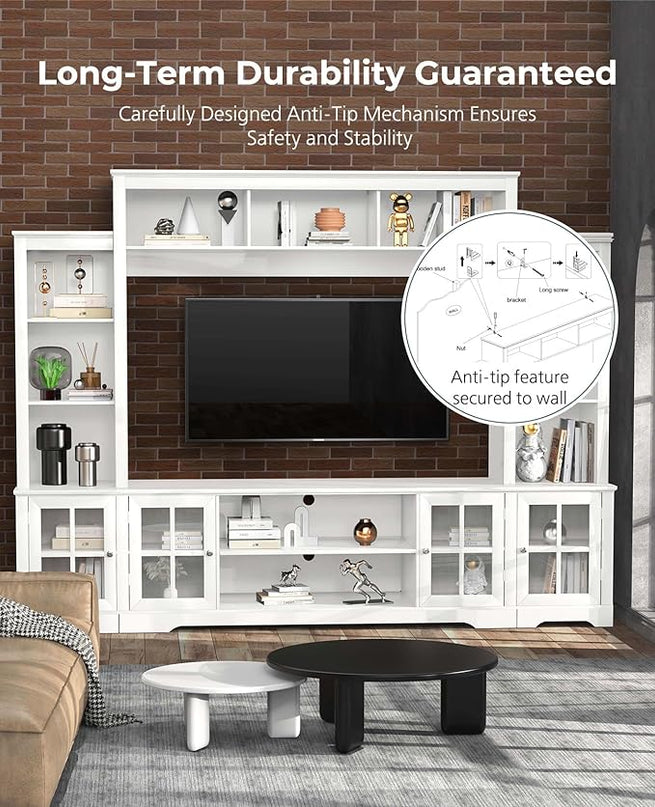 Large Wall Unit Entertainment Center with Storage, Modern TV Entertainment Center with Bookshelves and Bridge Cabinet, Living Room Tall Bookshelf with Storage, 65.7" Wide for TV Placement, White - LeafyLoom