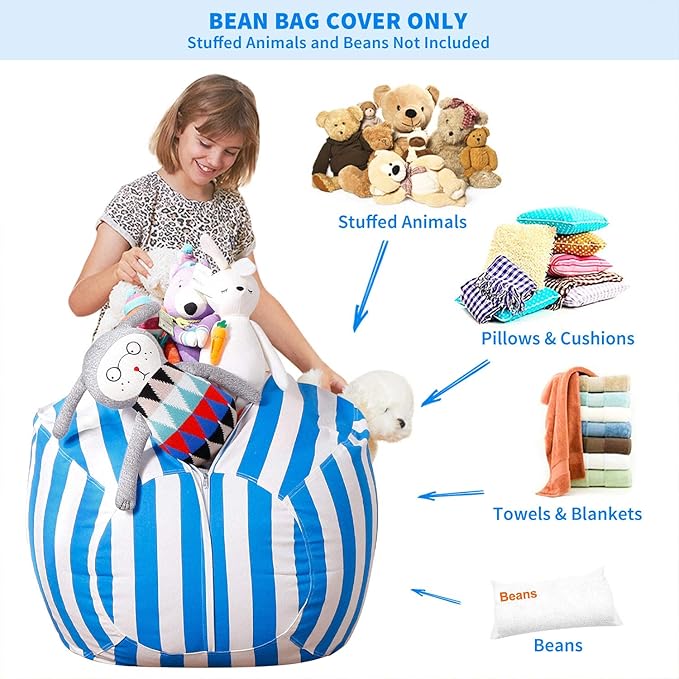 Aubliss Stuffed Animal Bean Bag Storage Chair (Blue/White Striped, Large (38'')) - LeafyLoom