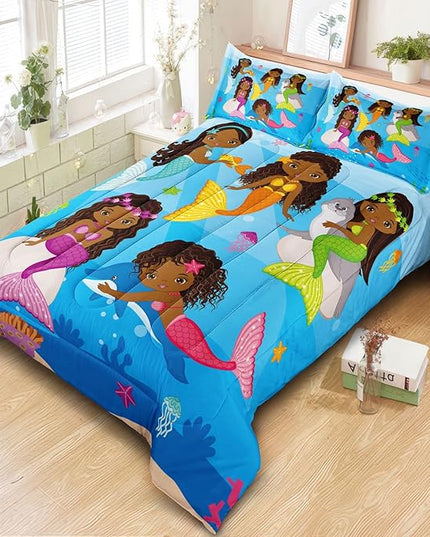 Little Mermaid Bedding, Black Girl Comforter Set Twin Size, Black Mermaid Bedroom Decor for Girls, Princess Twin Bed Set for Kids Teens with 1 Comforter and 2 Pillow Cases - LeafyLoom