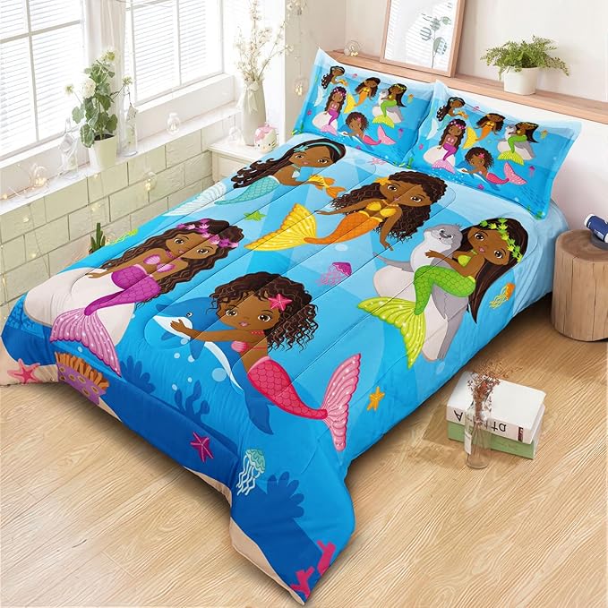 Little Mermaid Bedding, Black Girl Comforter Set Twin Size, Black Mermaid Bedroom Decor for Girls, Princess Twin Bed Set for Kids Teens with 1 Comforter and 2 Pillow Cases - LeafyLoom