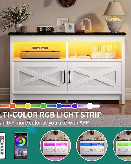 YITAHOME Entertainment Center with Power Outlets, RGB LED TV Stand for up to 40 Inch TVs, Farmhouse Media Console TV Cabinet for Living Room, X-Shape Design (35 Inches, Black/White) - LeafyLoom