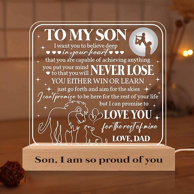 ARTSYWIX Gift for Son from Dad Father, to my Son 3D Illusion Lamp Wooden Base USB Powered Acrylic Night Light, Son Grandson Bonus Son Boy Lamp Present, Gift for Graduation Keepsake Birthday - LeafyLoom