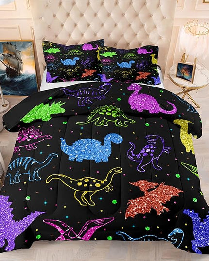 Dinosaur Kids Bedding Sets for Boys, Cartoon Dinosaur Comforter Sets Queen Size Colorful Dinosaur Bedding Soft Breathable Dinosaur Quilt for All Season (1 Comforter 2 Pillowcase) - LeafyLoom