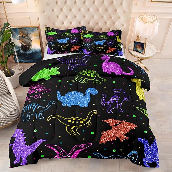 Dinosaur Kids Bedding Sets for Boys, Cartoon Dinosaur Comforter Sets Queen Size Colorful Dinosaur Bedding Soft Breathable Dinosaur Quilt for All Season (1 Comforter 2 Pillowcase) - LeafyLoom
