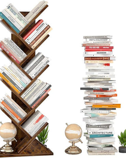 Topfurny Tree Bookshelf, 9-Tier Shelf Rustic Brown Bookcase, Retro Wood Storage Rack for CDs/Movies/Books, Anti-Fall Utility Organizer Shelves for Living Room, Bedroom, Home Office, Rustic - LeafyLoom