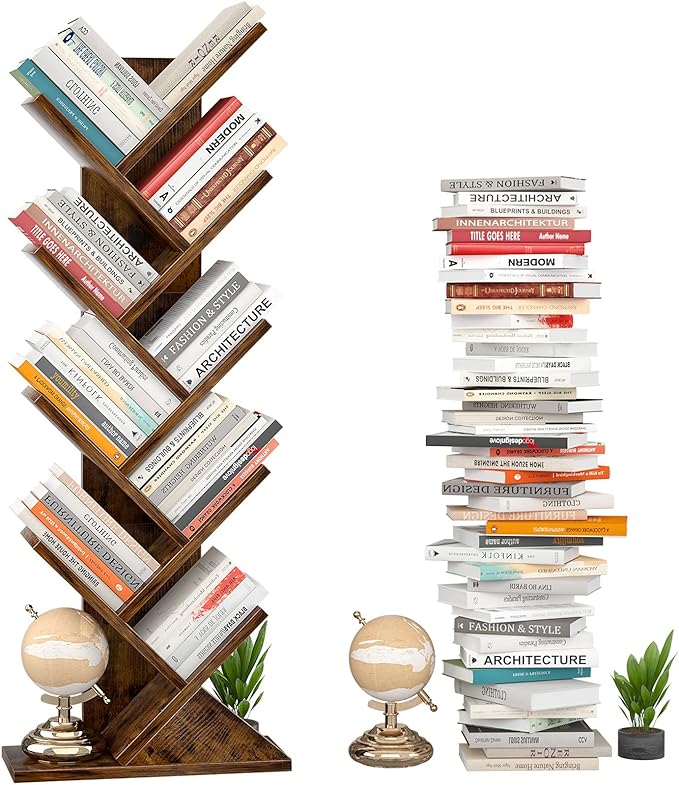 Topfurny Tree Bookshelf, 9-Tier Shelf Rustic Brown Bookcase, Retro Wood Storage Rack for CDs/Movies/Books, Anti-Fall Utility Organizer Shelves for Living Room, Bedroom, Home Office, Rustic - LeafyLoom