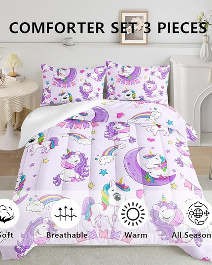 Axolotl Purple Unicorn Comforter Set Queen Size,Girls Bedding Set,Cute Unicorn Rainbow Bedding Set with Stars for Kids Girls Teens Adults Women,1 Comforter with 2 Pillowcase Unicorn Gifts for Girls - LeafyLoom