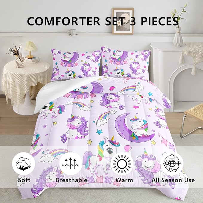 Axolotl Purple Unicorn Comforter Set Queen Size,Girls Bedding Set,Cute Unicorn Rainbow Bedding Set with Stars for Kids Girls Teens Adults Women,1 Comforter with 2 Pillowcase Unicorn Gifts for Girls - LeafyLoom