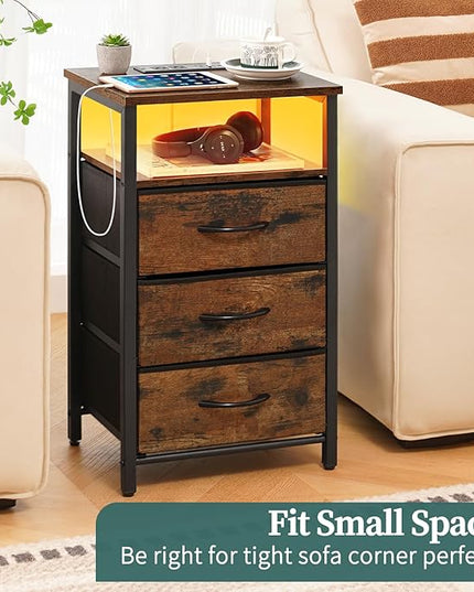 Yoobure Night Stand with Charging Station, 16 Colors LED Nightstand with USB Ports and Outlets, End Table with 3 Fabric Drawers and Storage Shelf, Bedside Tables Small Dresser for Small Space Brown - LeafyLoom