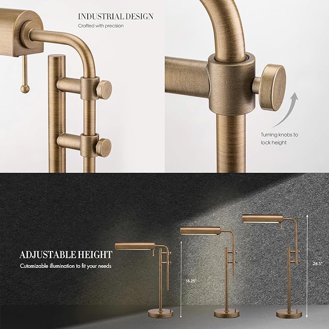 O'Bright Aurora LED Pharmacy Desk Lamp - Swing Arm, Industrial Design for Reading, Crafting, Work,10W LED, Adjustable Height 18.5-24.5 inches - Ideal for Living Room, Bedside, Office - Antique Brass - LeafyLoom