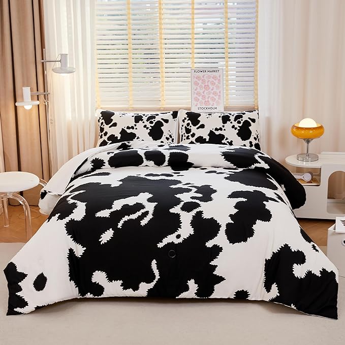 Cow Print Comforter Full,Western Comforter Set Full,Boys Full Comforter Set,Black and White Color Comforter,Cow Bedding Set,Cow Room Decor - LeafyLoom