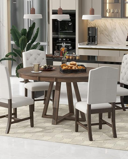 5-Piece Retro Style Extendable Wood Round Dining Table Set with 4 Upholstered Chairs for Kitchen, Breakfast Nook, Living Room, Walnut, 42"-58" L x 42" W x 30" H - LeafyLoom