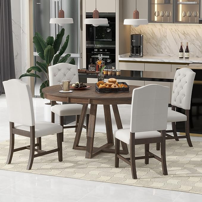 5-Piece Retro Style Extendable Wood Round Dining Table Set with 4 Upholstered Chairs for Kitchen, Breakfast Nook, Living Room, Walnut, 42"-58" L x 42" W x 30" H - LeafyLoom