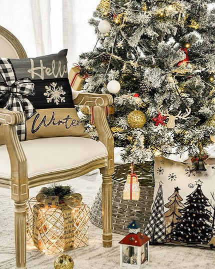 AVOIN colorlife Merry Christmas Joy Xmas Trees Brown Throw Pillow Covers, 18 x 18 Inch Christmas Winter Holiday Cushion Case Decoration for Sofa Couch Set of 4 AVOINcolorlife