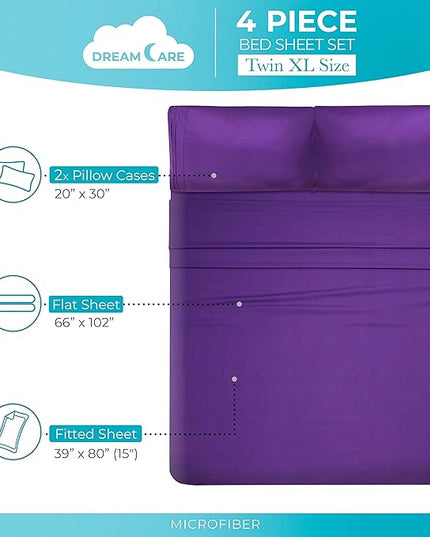 DREAMCARE Twin XL Sheet Sets - Cooling Bed Sheets - 4pcs Set - up to 15" Deep Pocket Twin XL Sheets - XL Twin Sheet Set – Soft & Long Lasting 100% Fine Brushed Polyester with Side Pocket - Purple - LeafyLoom