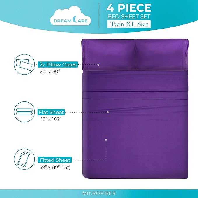 DREAMCARE Twin XL Sheet Sets - Cooling Bed Sheets - 4pcs Set - up to 15" Deep Pocket Twin XL Sheets - XL Twin Sheet Set – Soft & Long Lasting 100% Fine Brushed Polyester with Side Pocket - Purple - LeafyLoom