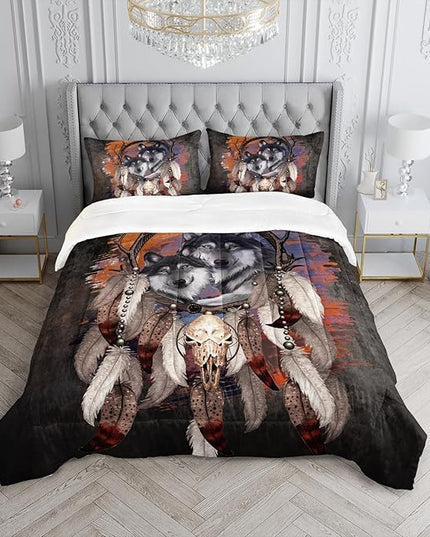 Wolf Dream Catcher Comforter Set for Kids Teens Girls Retro Modern Wildlife Animal Comforter Tie Dye Wolf Bedding Set for Kids Teens Room Decor - LeafyLoom