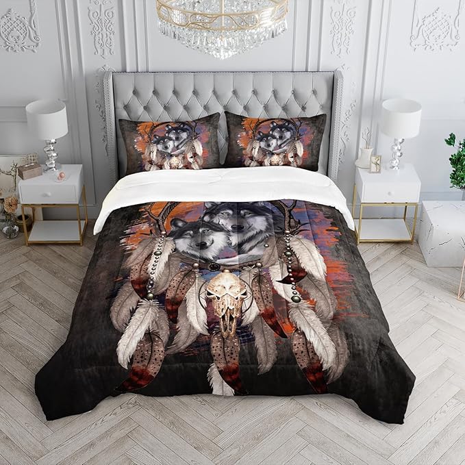 Wolf Dream Catcher Comforter Set for Kids Teens Girls Retro Modern Wildlife Animal Comforter Tie Dye Wolf Bedding Set for Kids Teens Room Decor - LeafyLoom