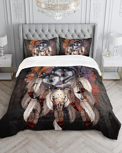 Wolf Dream Catcher Comforter Set for Kids Teens Girls Retro Modern Wildlife Animal Comforter Tie Dye Wolf Bedding Set for Kids Teens Room Decor - LeafyLoom