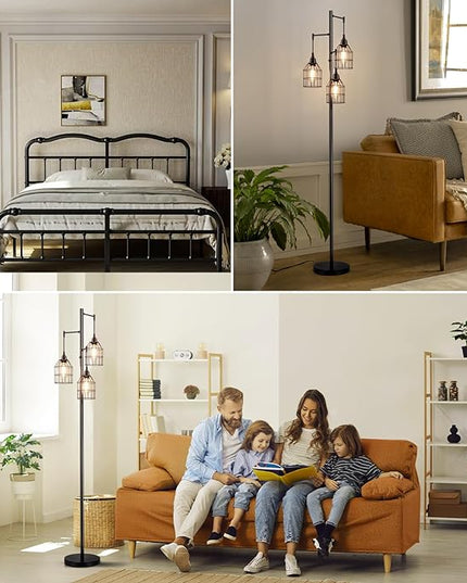 70" Dimmable Floor Lamp for Living Room, Industrial 3-light Tree Floor Lamp Black with Cages, Farmhouse Rustic Tall Standing Lamp Floor Lighting for Bedroom Office, 3 Free LED Edison Bulbs - LeafyLoom