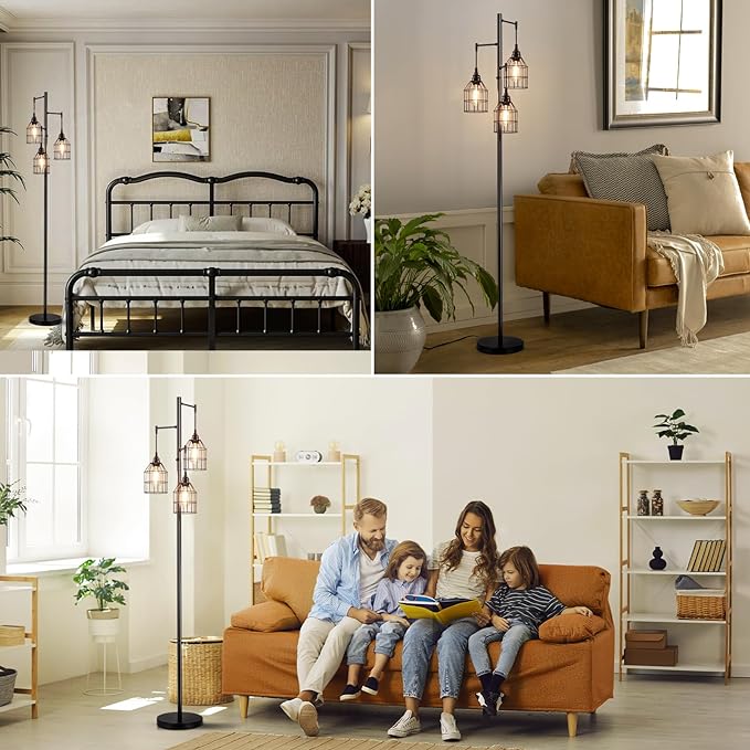70" Dimmable Floor Lamp for Living Room, Industrial 3-light Tree Floor Lamp Black with Cages, Farmhouse Rustic Tall Standing Lamp Floor Lighting for Bedroom Office, 3 Free LED Edison Bulbs - LeafyLoom