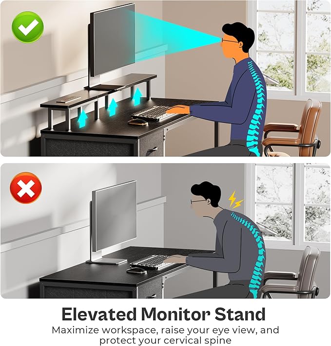 63 Inch Computer Desk with Power Outlets and LED Lights, Gaming Desk with 4 Drawers, Office Desk with Monitor Stand, Study Desk Work Desk for Home Office, Black - LeafyLoom