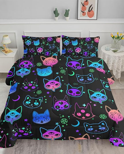 Axolotl Cat Comforter Set Twin,Kawaii Trippy Cat Moon Stars Bedding Set with 1 Comforter 2 Pillowcases for Kids Boys Girls Teens Adults Room Decor All Season,Colorful Neon Trippy Bed Set - LeafyLoom